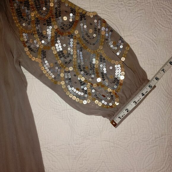 INC Womens Sequin-Embellished Blouse Size 4 Taupe  3/4 Sleeve Bohemia Boho - Picture 10 of 11